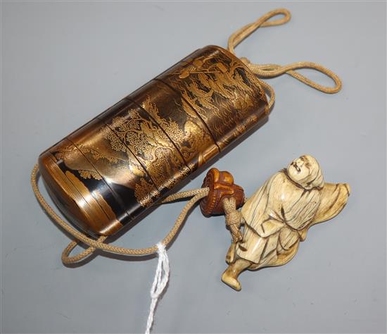 A 19th century Japanese gold lacquer five case inro, signed, together with an 18th/19th century ivory netsuke and a ojime